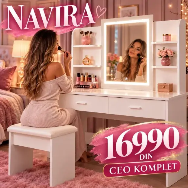 NAVIRA beli toaletni sto sa LED ogledalom i tabureom